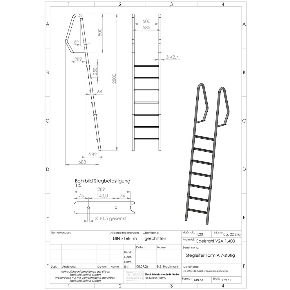 Technische Zeichnung der Stegleiter Form A mit 8° Neigung und 7 Stufen, Ausführung auf dem Boden stehend Eine kleine Optimierung gegenüber dem vorherigen Artikel Ich würde hier „Stegleiter“ und nicht „Stegbadeleiter“ im Titel und Alttext verwenden, weil