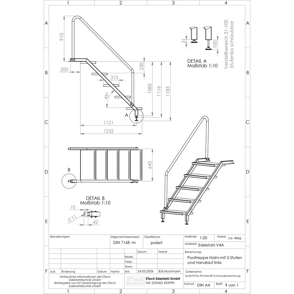 Technische Zeichnung einer Pooltreppe aus Edelstahl V4A mit 5 Stufen und linksseitigem Handlauf mit Maßangaben