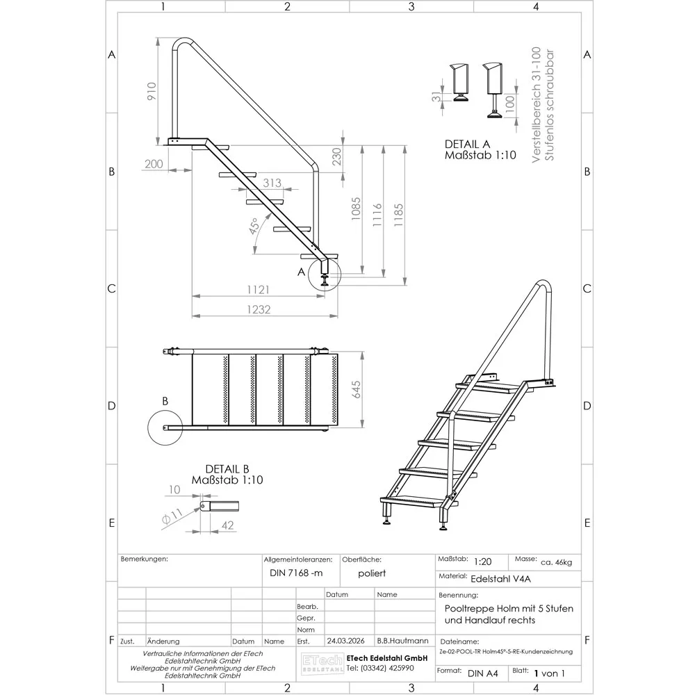 Technische Zeichnung einer Pooltreppe aus Edelstahl V4A mit 5 Stufen und rechtsseitigem Handlauf mit Maßangaben