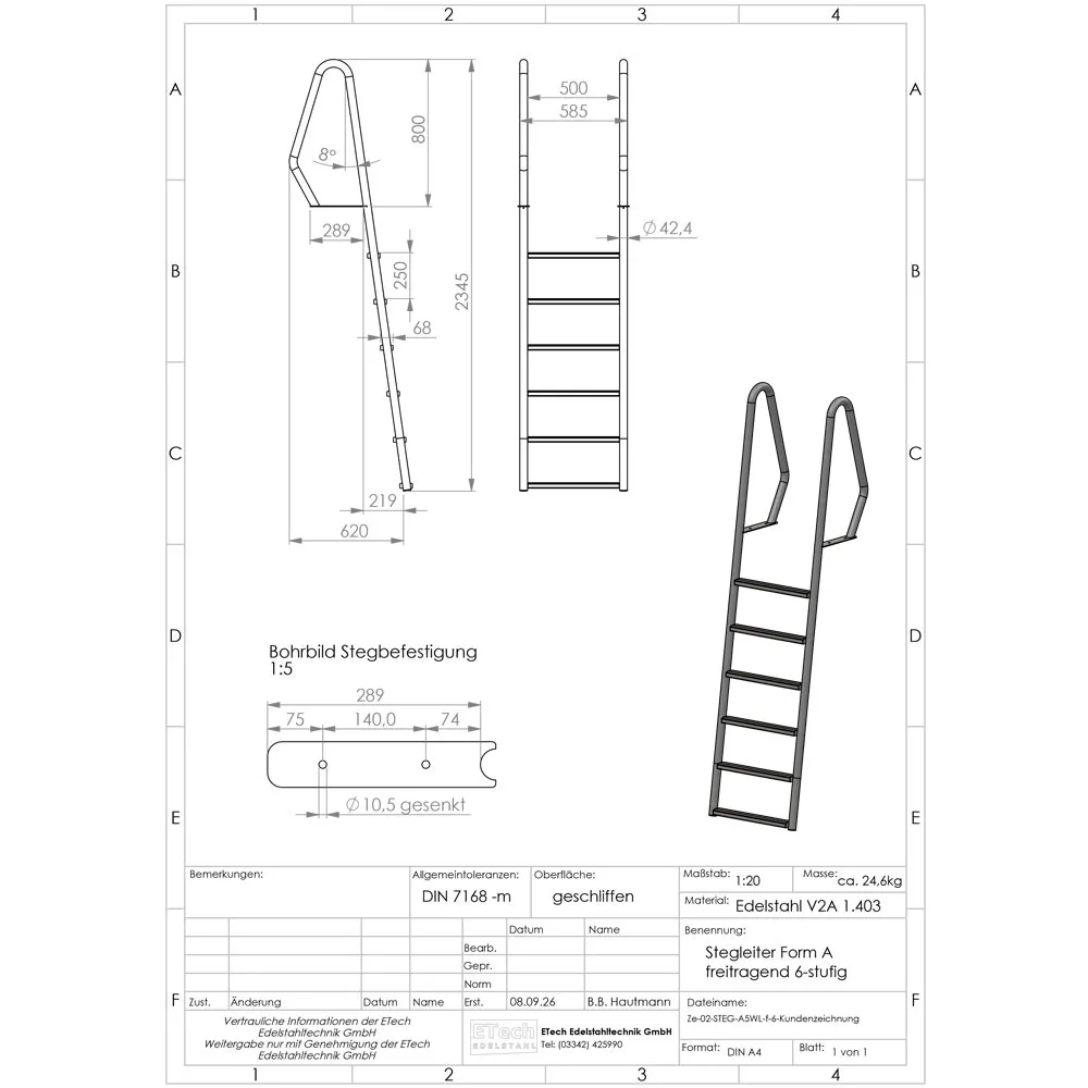 Technische Zeichnung der Stegleiter Form A mit 8° Neigung und 6 Stufen, freitragende Ausführung