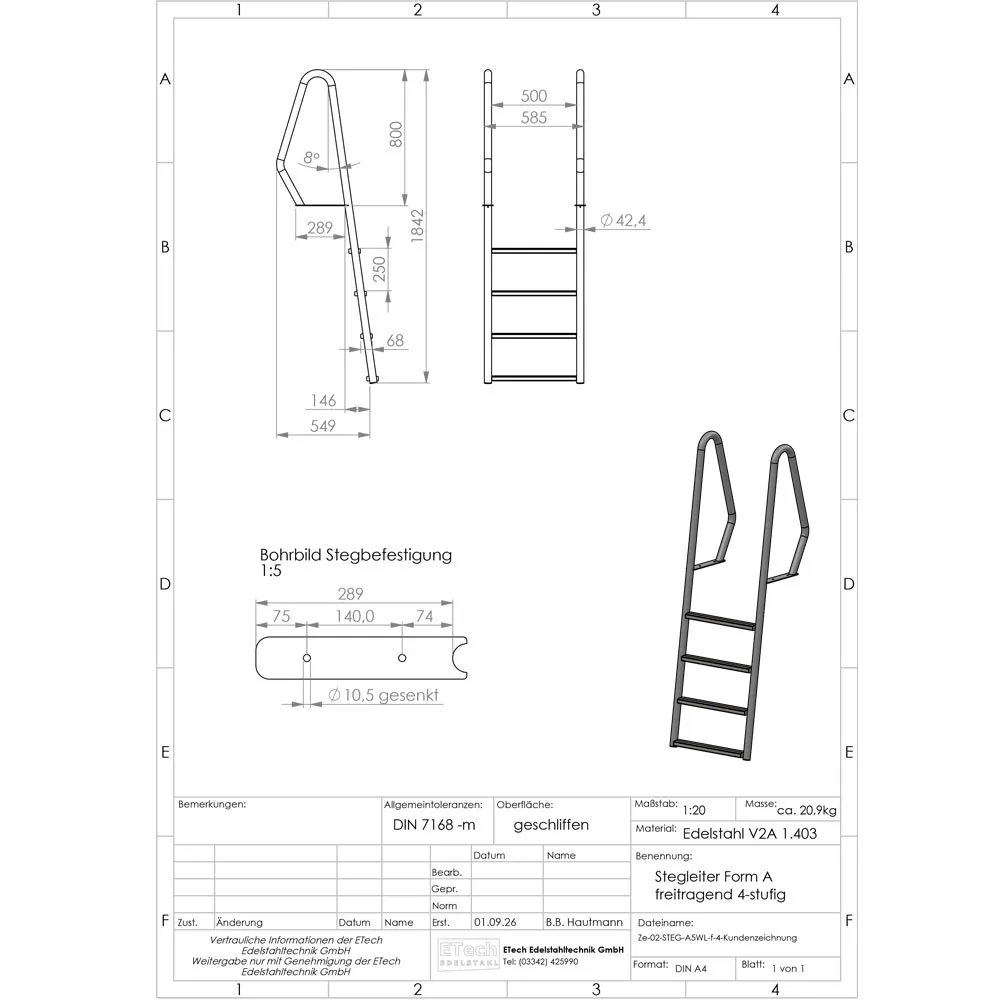 Technische Zeichnung der Stegleiter Form A mit 8° Neigung und 4 Stufen, freitragende Ausführung