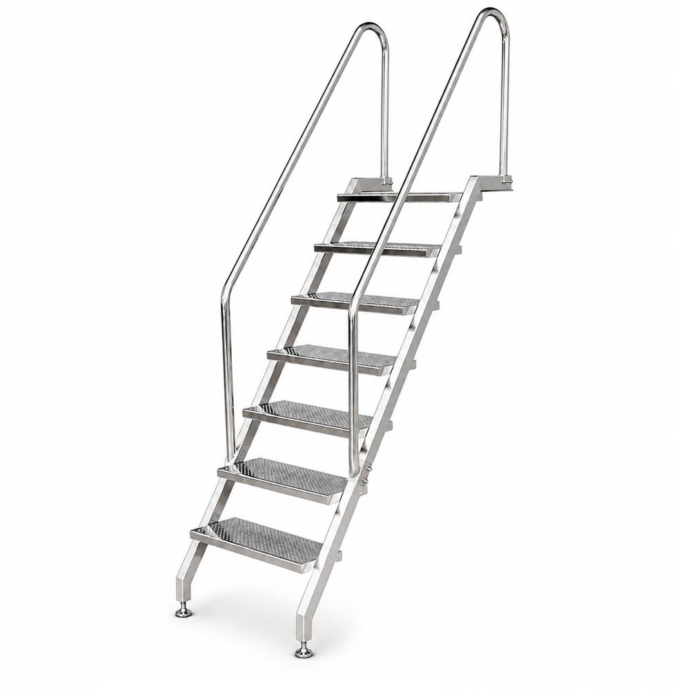 Pooltreppe aus Edelstahl V4A mit 7 Stufen, beidseitigem Handlauf, für Schwimmbecken