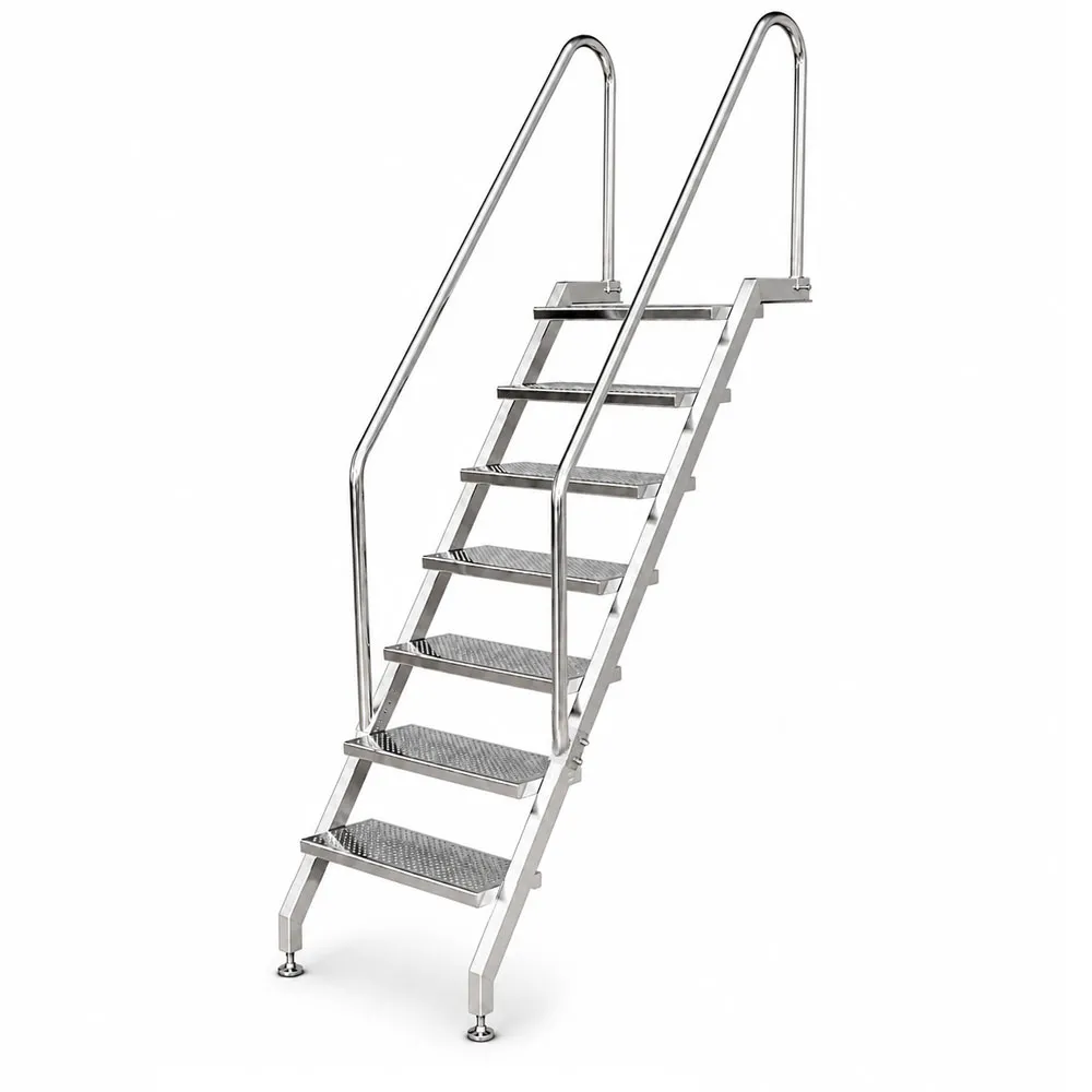 Pooltreppe aus Edelstahl V4A mit 7 Stufen, beidseitigem Handlauf, für Schwimmbecken