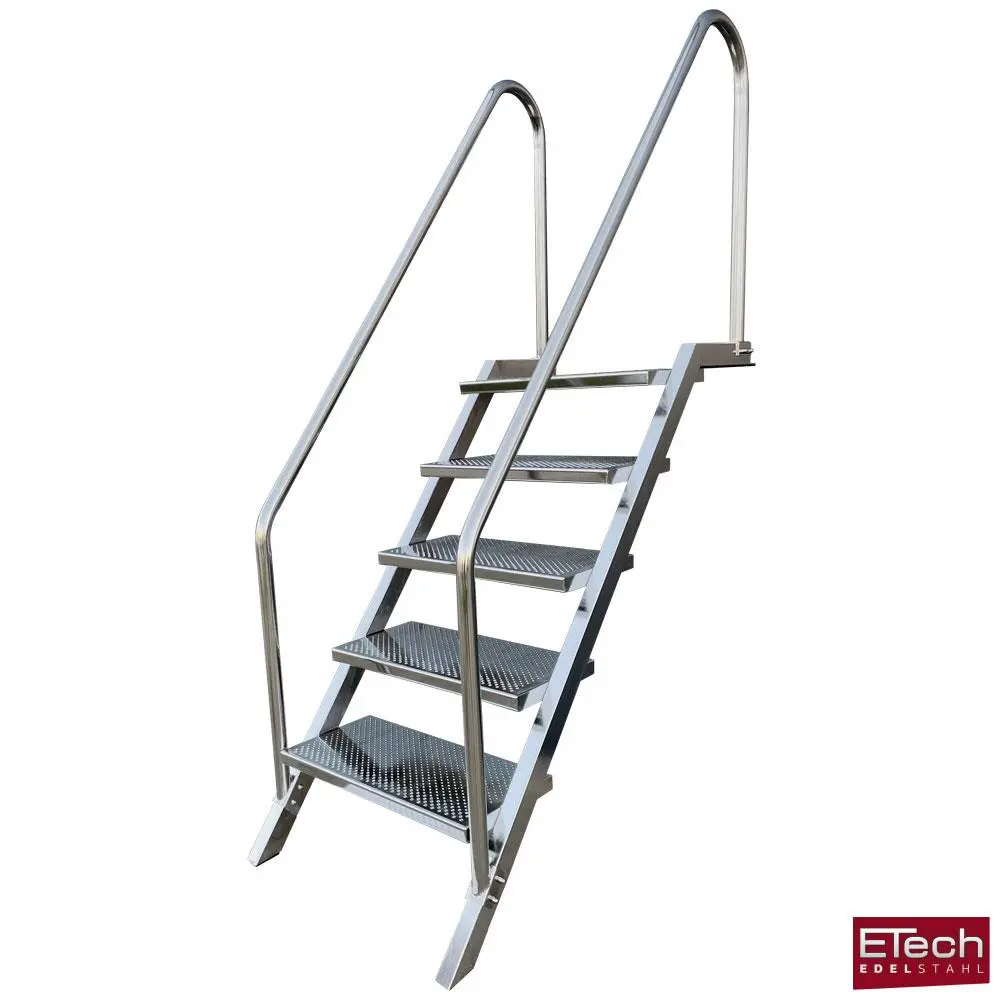 Elegante Pooltreppe aus Edelstahl V4A, 5 Stufen, Handlauf beidseitig