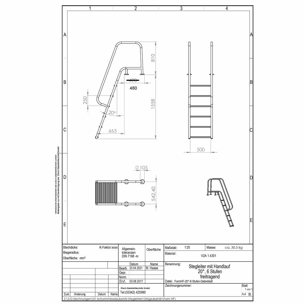 Datenblatt-Badeleiter Form H, 6-stufig, freitragend