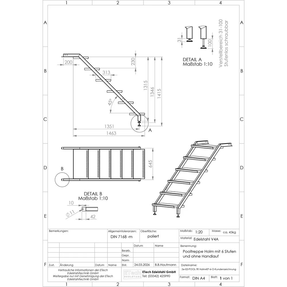 Technische Zeichnung einer Pooltreppe aus Edelstahl V4A mit 6 Stufen ohne Handlauf mit Maßangaben