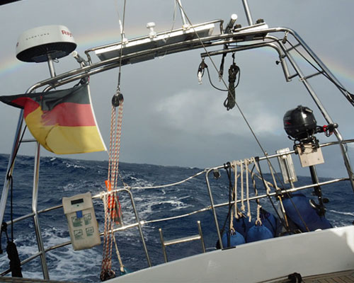 Heck eines Schiffes auf Hoher See bei Schräglage, viele technische Geräte sind auf einem Edelstahlbügel zu sehen