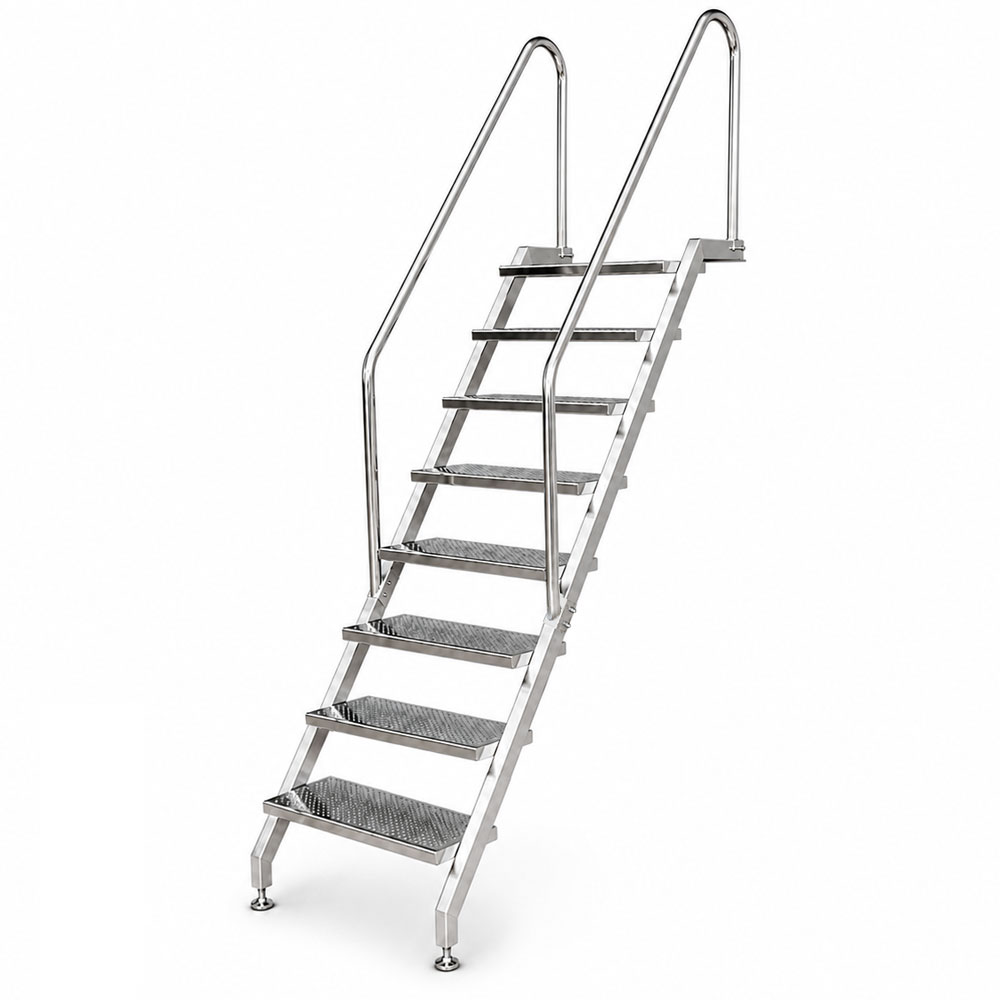 Pooltreppe aus Edelstahl V4A mit 8 Stufen, beidseitigem Handlauf, für Schwimmbecken
