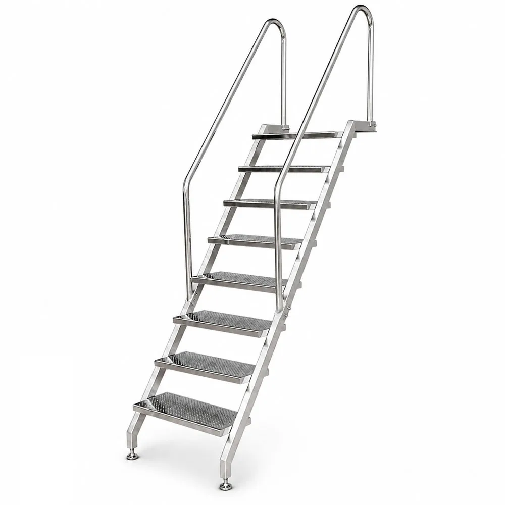 Pooltreppe aus Edelstahl V4A mit 8 Stufen, beidseitigem Handlauf, für Schwimmbecken