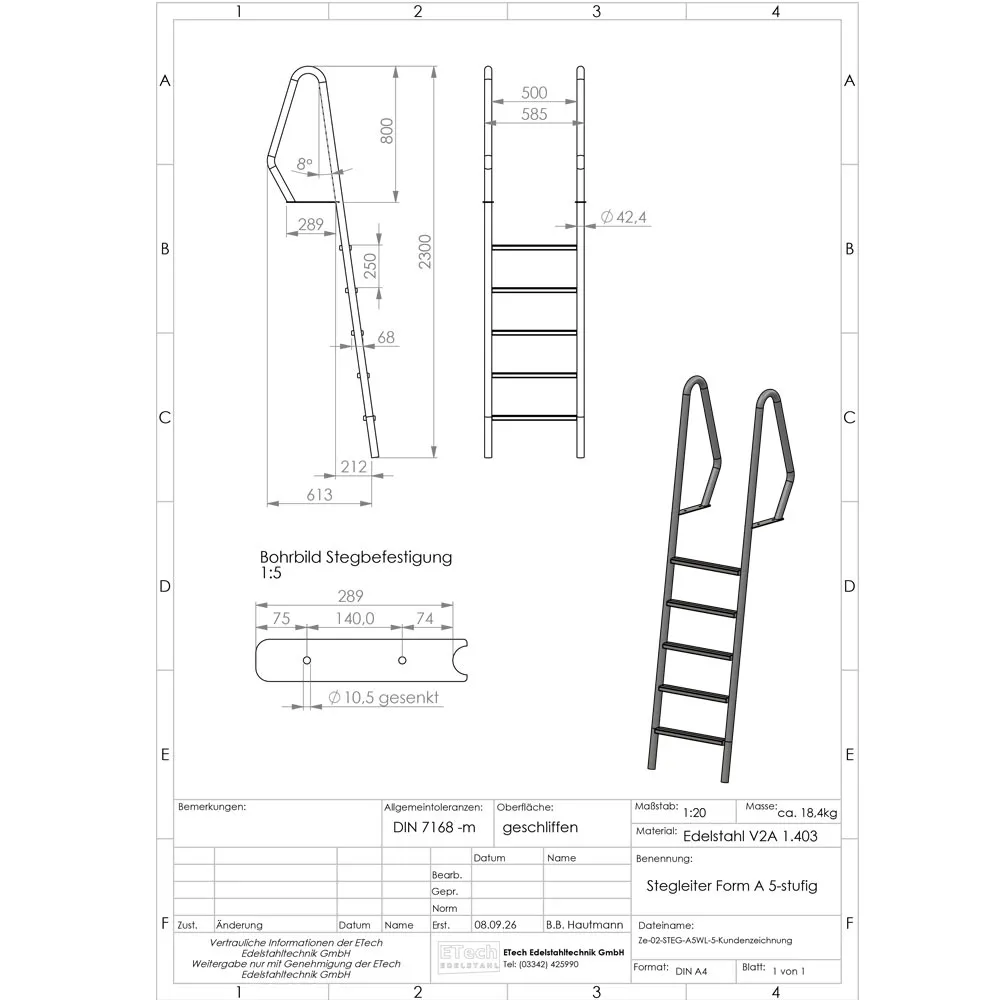 Technische Zeichnung der Stegleiter Form A mit 8° Neigung und 5 Stufen, Ausführung auf dem Boden stehend