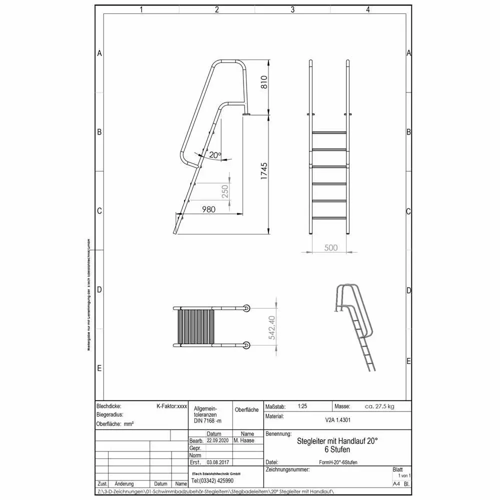 Datenblatt-Badeleiter Form H, 6-stufig