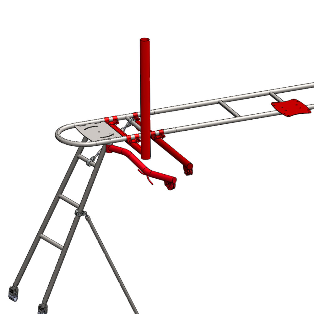 Edelstahl-Halterung für Windgenerator am Geräteträger – CAD-Nahansicht der Montagebaugruppe mit senkrechtem Mast