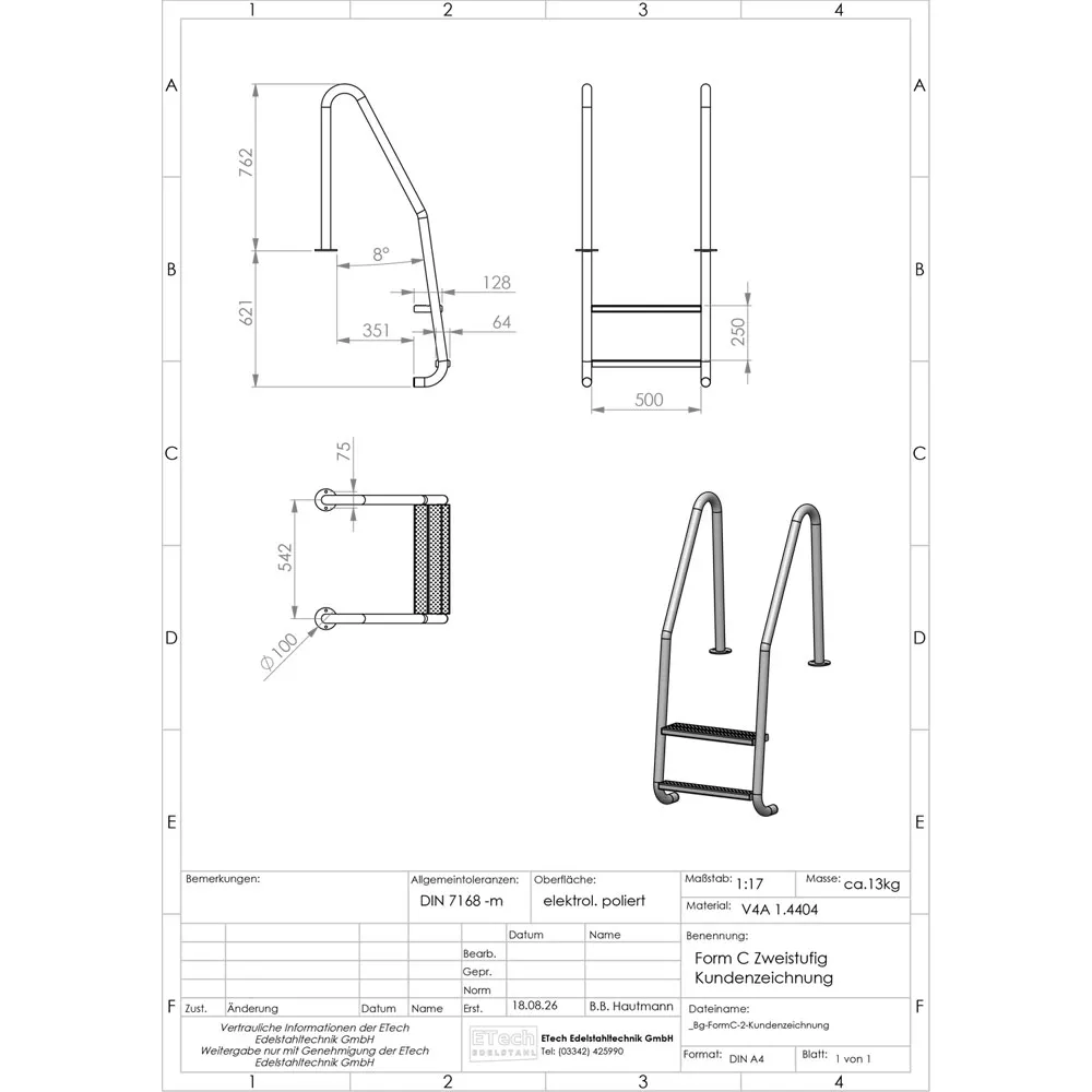 Maßzeichnung Poolleiter Form C 2-stufig, Edelstahl V4A – schräger Einstieg 8°, Stufenbreite 500 mm, Griffhöhe 762 mm, ca. 13 kg