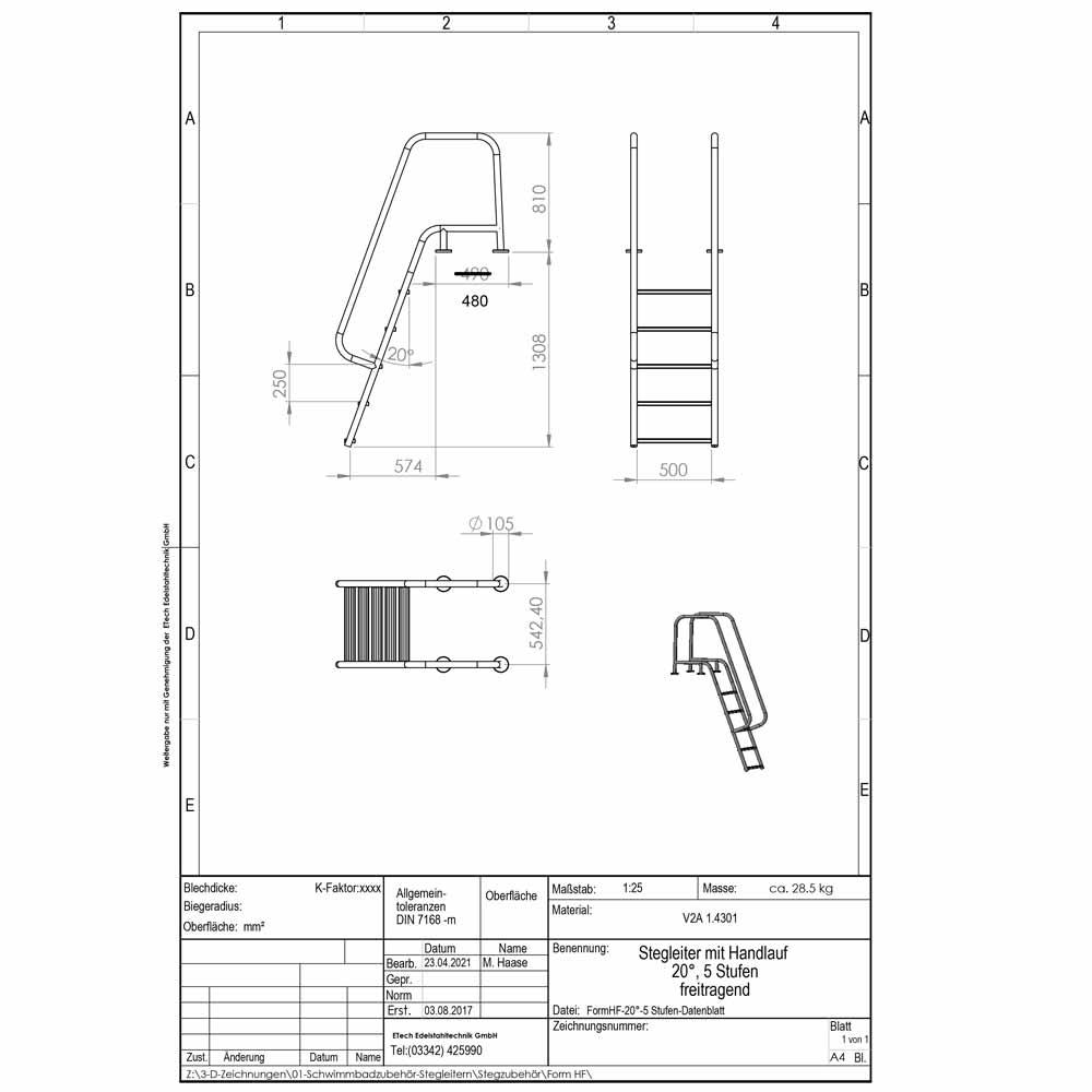 Datenblatt-Badeleiter Form H, 5-stufig, freitragend