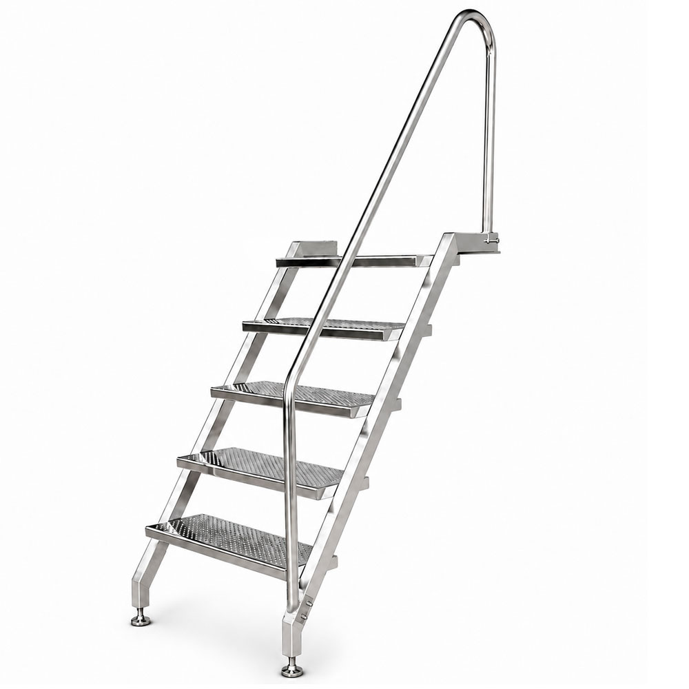 Pooltreppe aus Edelstahl V4A mit 5 Stufen, rechtsseitigem Handlauf, für Schwimmbecken