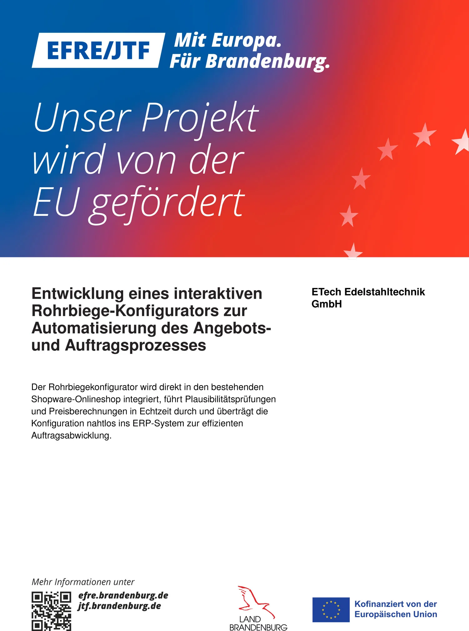 EFRE-Förderplakat der ETech Edelstahltechnik GmbH zum Projekt „Entwicklung eines interaktiven Rohrbiege-Konfigurators" mit EU-Emblem