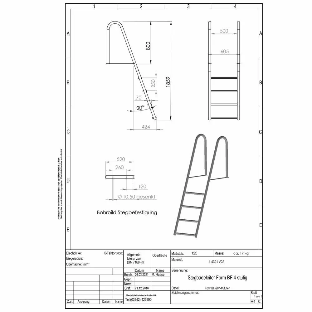 Datenblatt-Stegbadeleiter Form B, 4-stufig, freitragend