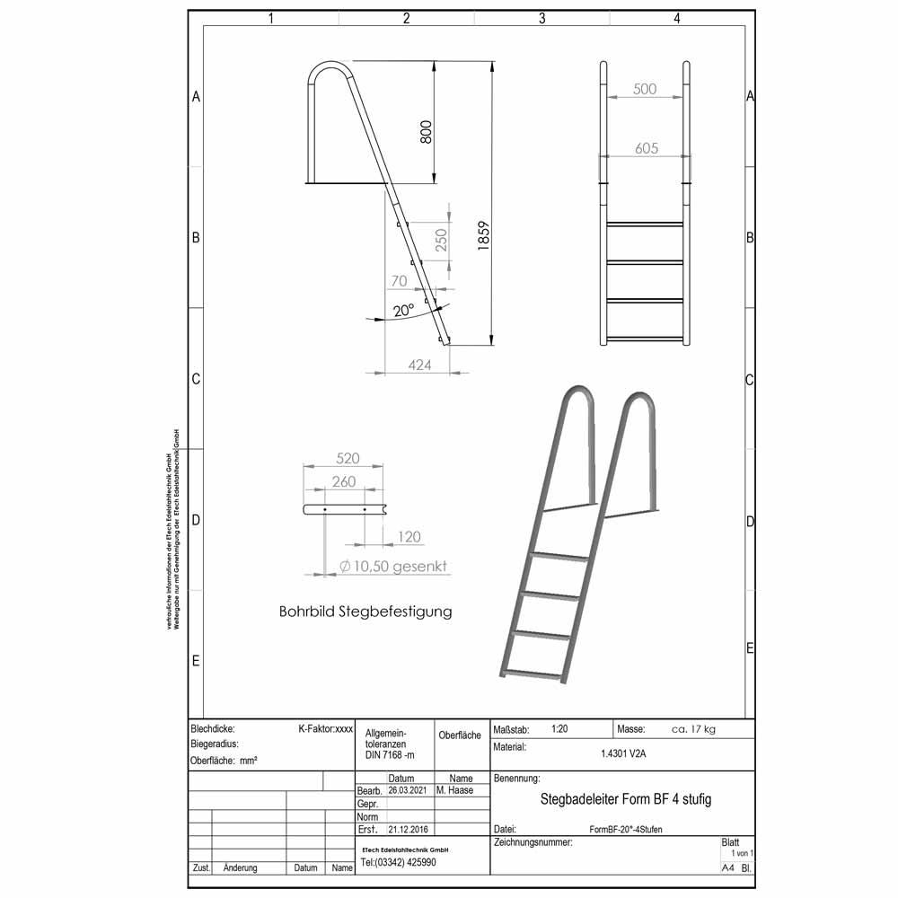 Datenblatt-Stegbadeleiter Form B, 4-stufig, freitragend