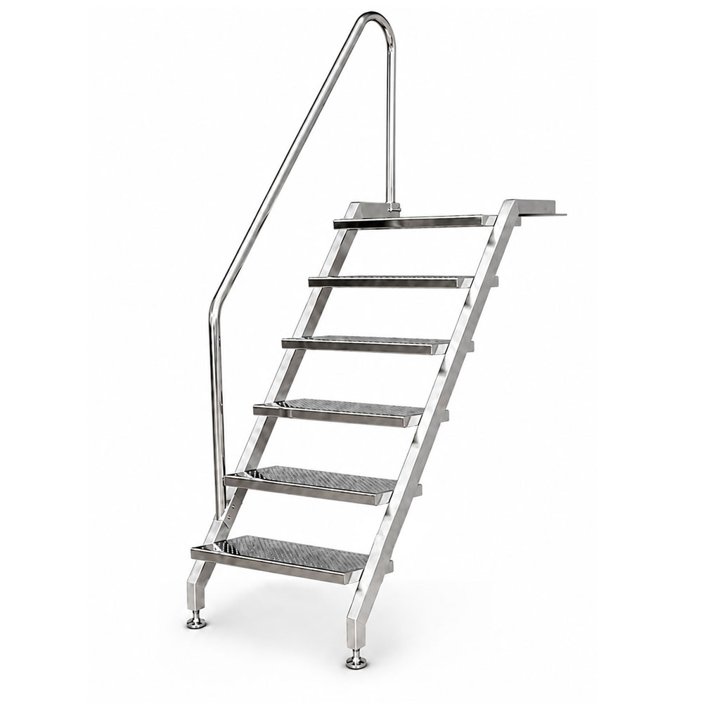 Pooltreppe aus Edelstahl V4A mit 6 Stufen, linksseitigem Handlauf, für Schwimmbecken