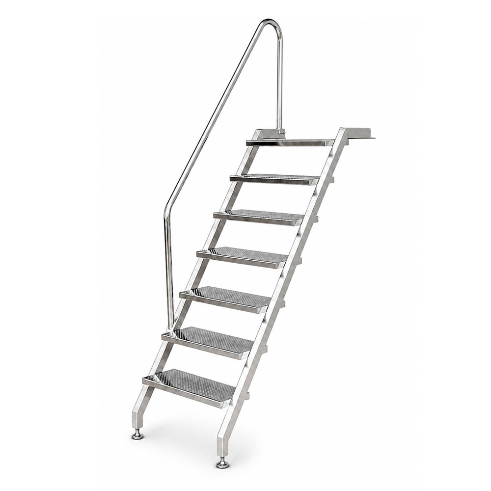 Pooltreppe aus Edelstahl V4A mit 7 Stufen, linksseitigem Handlauf, für Schwimmbecken