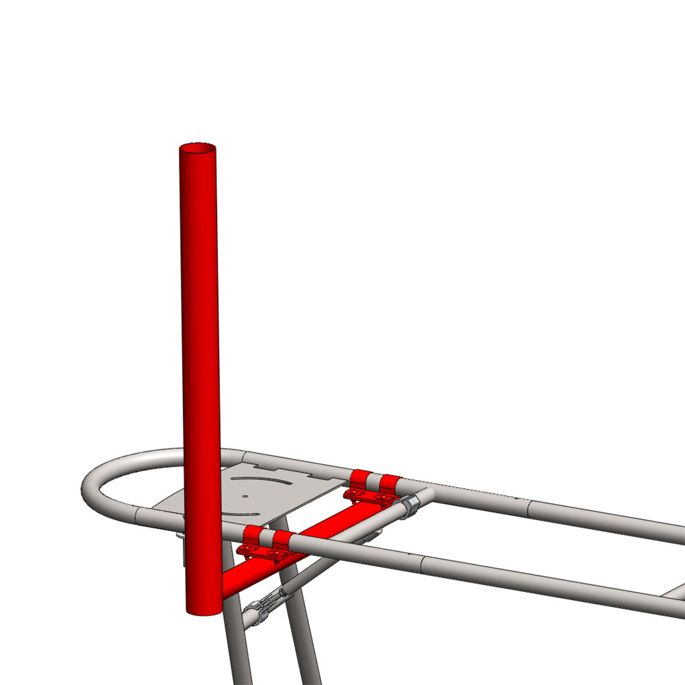 Edelstahl-Konstruktion in der CAD-Ansicht: Rohrrahmen mit Grundplatte, gebogenem Bügel und senkrechter, rot markierter Klemmhalterung
