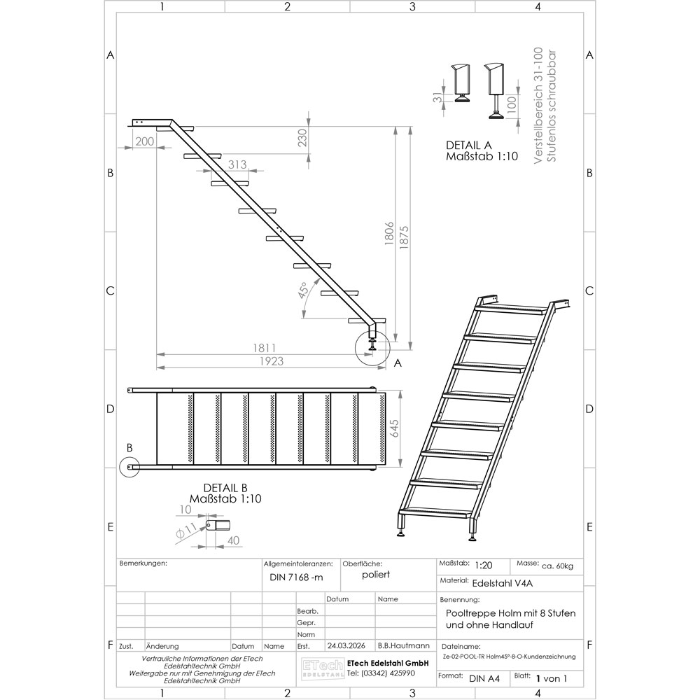 Technische Zeichnung einer Pooltreppe aus Edelstahl V4A mit 8 Stufen ohne Handlauf mit Maßangaben