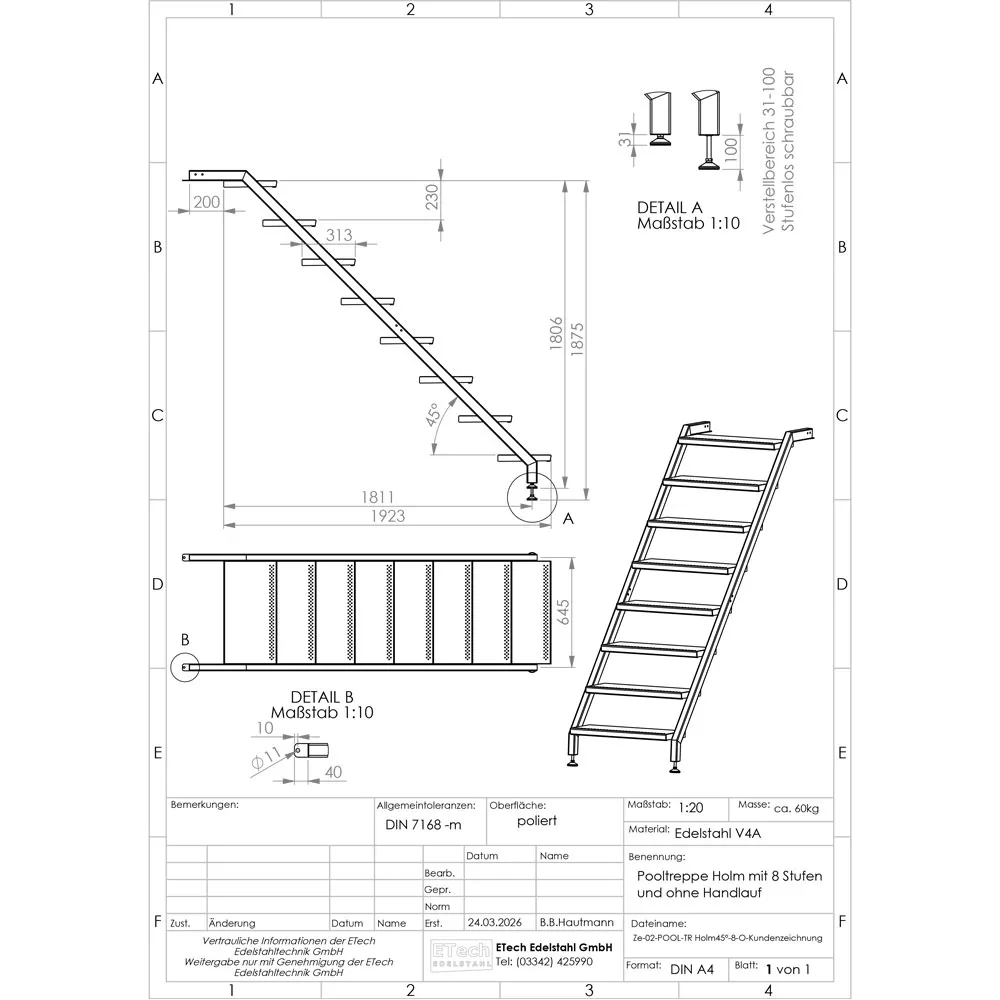 Technische Zeichnung einer Pooltreppe aus Edelstahl V4A mit 8 Stufen ohne Handlauf mit Maßangaben