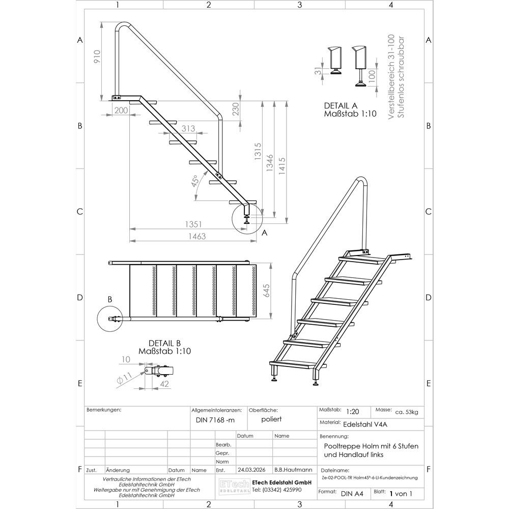 Pooltreppe Technische Zeichnung einer Pooltreppe aus Edelstahl V4A mit 6 Stufen und linksseitigem Handlauf mit Maßangaben