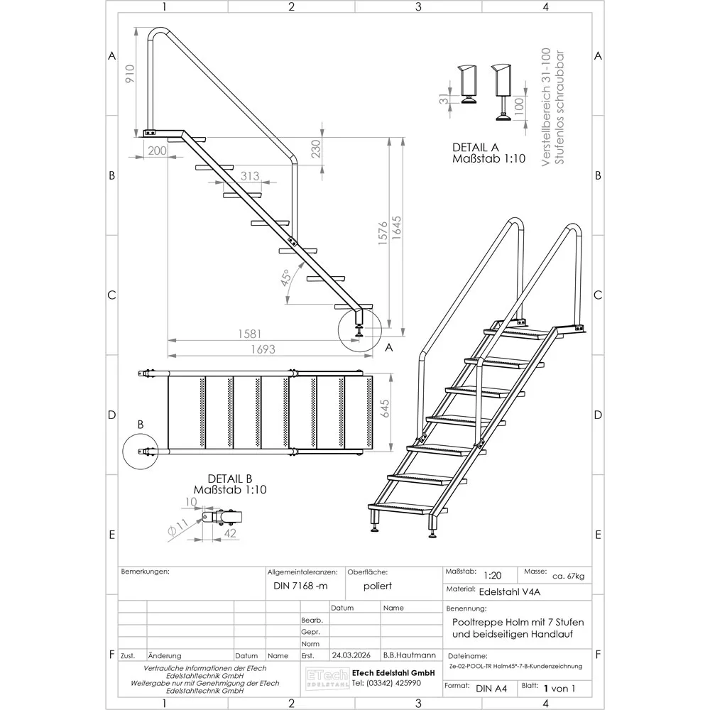 Technische Zeichnung einer Pooltreppe aus Edelstahl V4A mit 7 Stufen und beidseitigem Handlauf mit