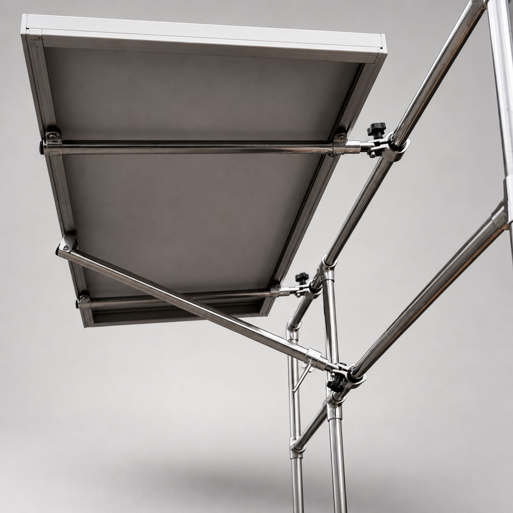 Edelstahl-Solarpanelhalterung mit verstellbaren Neigungsarmen Untersicht einer Solarpanel-Halterung aus Edelstahl mit mehrfach verstellbaren Gelenkarmen und Kreuzverstrebung zur Neigungswinkel-Einstellung, fixiert über Klemmknebel an Rundrohren.