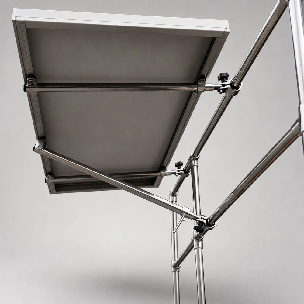 Untersicht einer Solarpanel-Halterung aus Edelstahl mit mehrfach verstellbaren Gelenkarmen und Kreuzverstrebung zur Neigungswinkel-Einstellung, fixiert über Klemmknebel an Rundrohren.