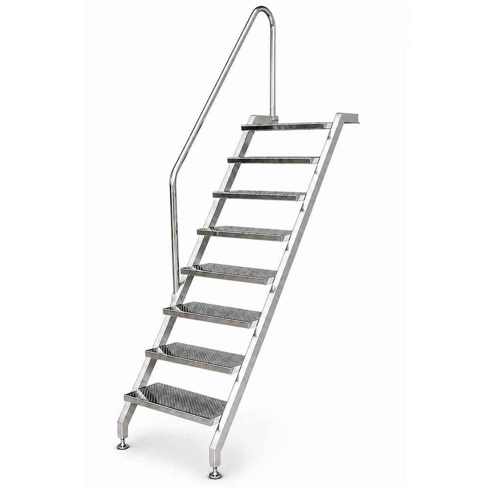 Pooltreppe aus Edelstahl V4A mit 8 Stufen, linksseitigem Handlauf, für Schwimmbecken