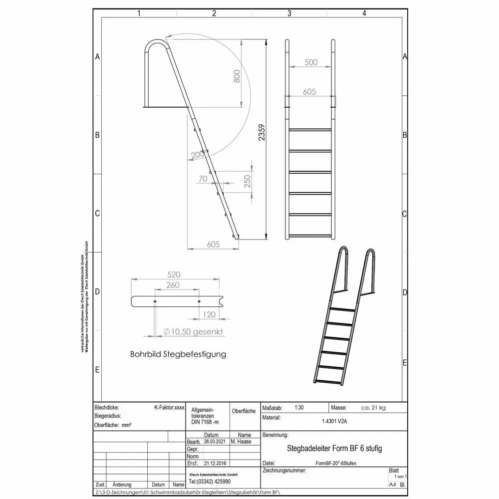 Datenblatt-Stegbadeleiter Form B, 6-stufig, freitragend