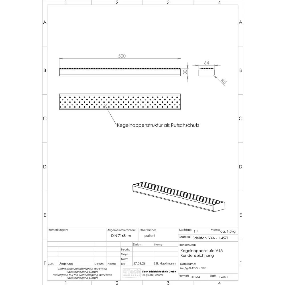 Maßzeichnung Edelstahl-Trittstufe V4A (1.4571) – 500 × 64 mm, Kegelnoppenstruktur als Rutschschutz, ca. 1,0 kg