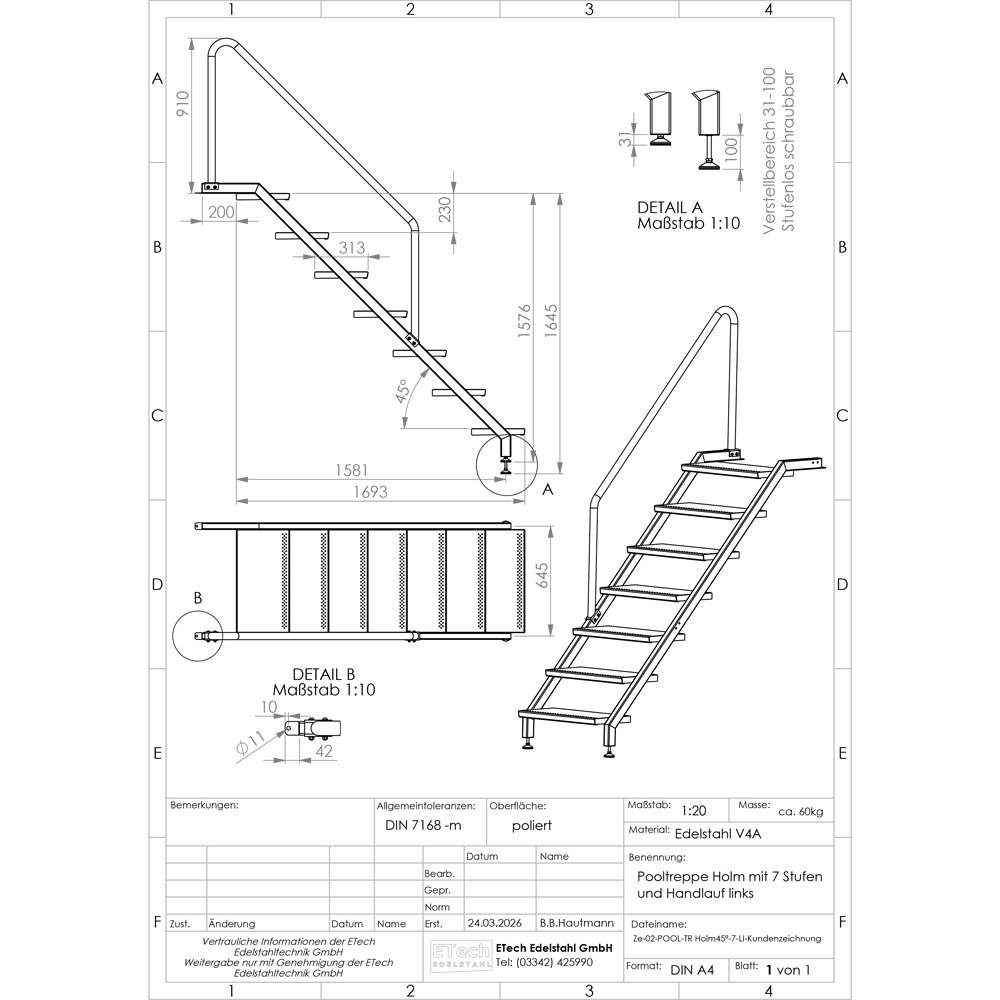 Technische Zeichnung einer Pooltreppe mit Handlauf links aus Edelstahl V4A mit 7 Stufen mit Maßangaben