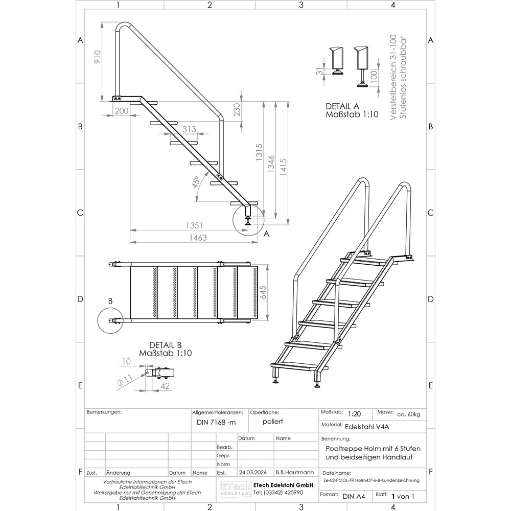Technische Zeichnung einer Pooltreppe aus Edelstahl V4A mit 6 Stufen und beidseitigem Handlauf mit Maßangaben