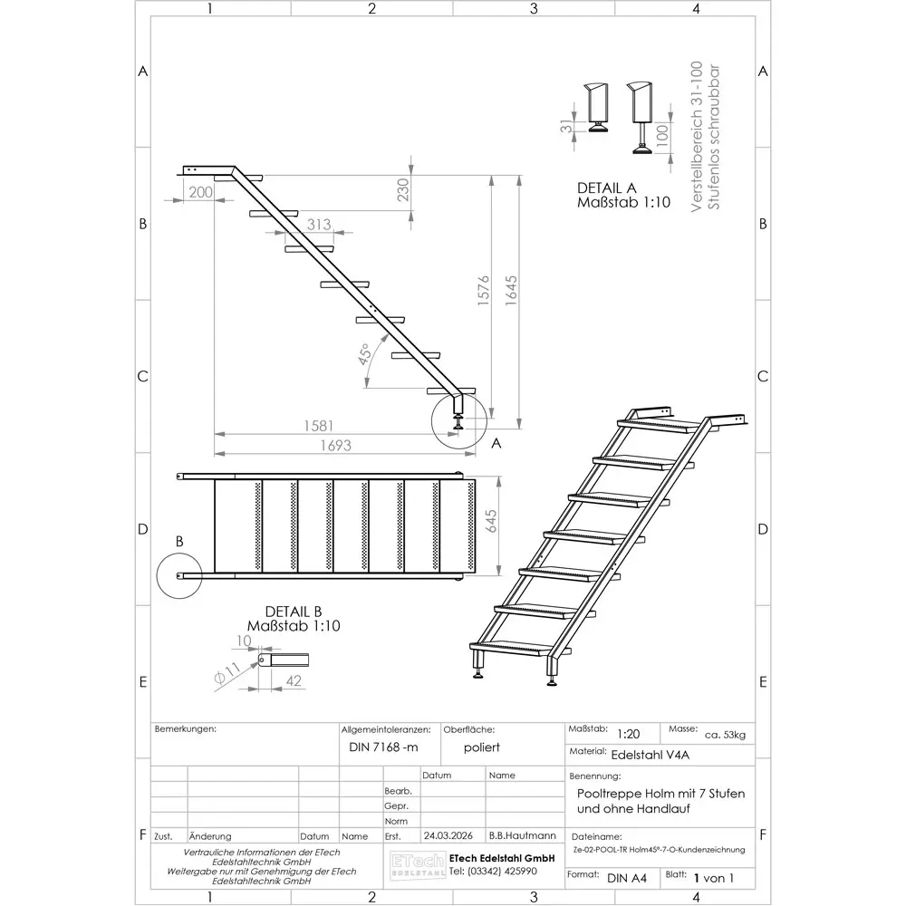 Technische Zeichnung einer Pooltreppe aus Edelstahl V4A mit 7 Stufen ohne Handlauf mit Maßangaben