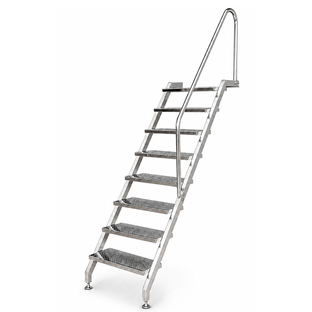 Pooltreppe aus Edelstahl V4A mit 8 Stufen, rechtsseitigem Handlauf, für Schwimmbecken