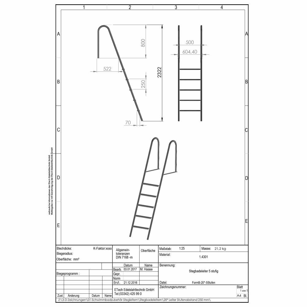 Datenblatt-Stegbadeleiter Form B, 5-stufig