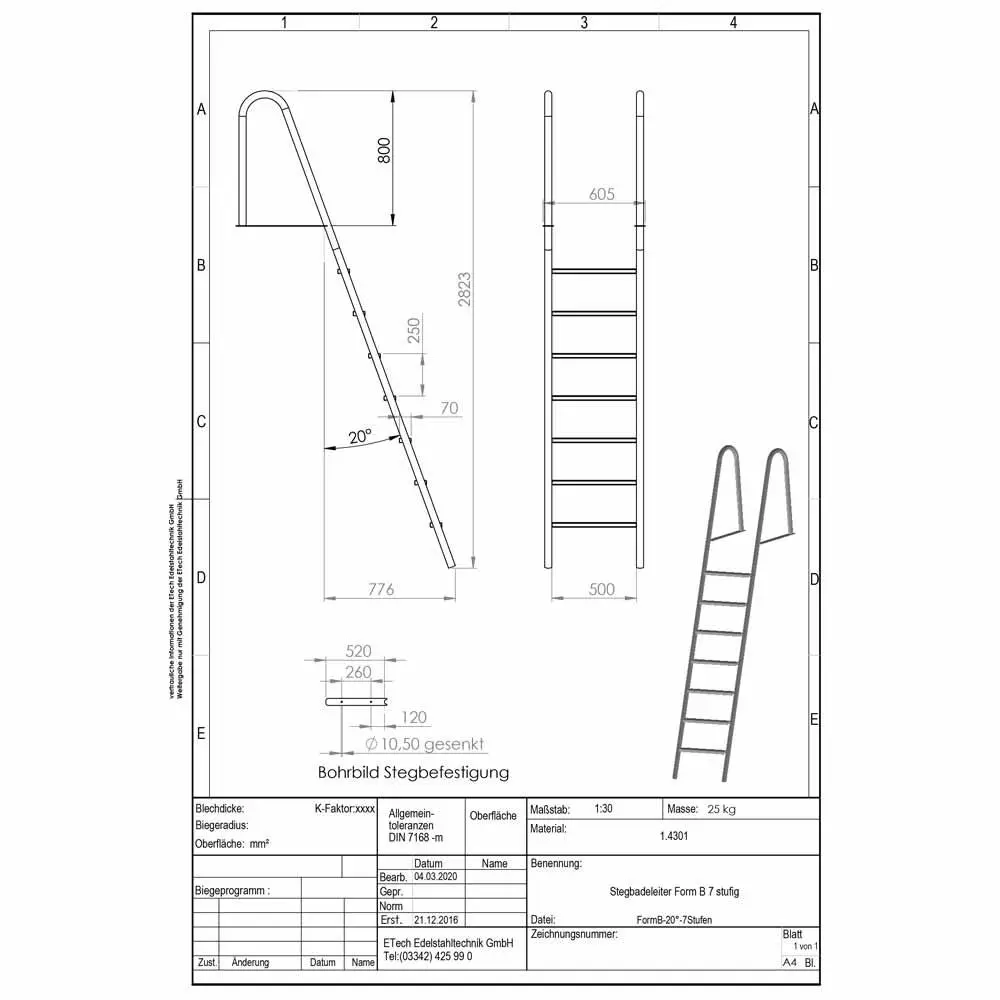 Datenblatt-Stegbadeleiter Form B, 7-stufig