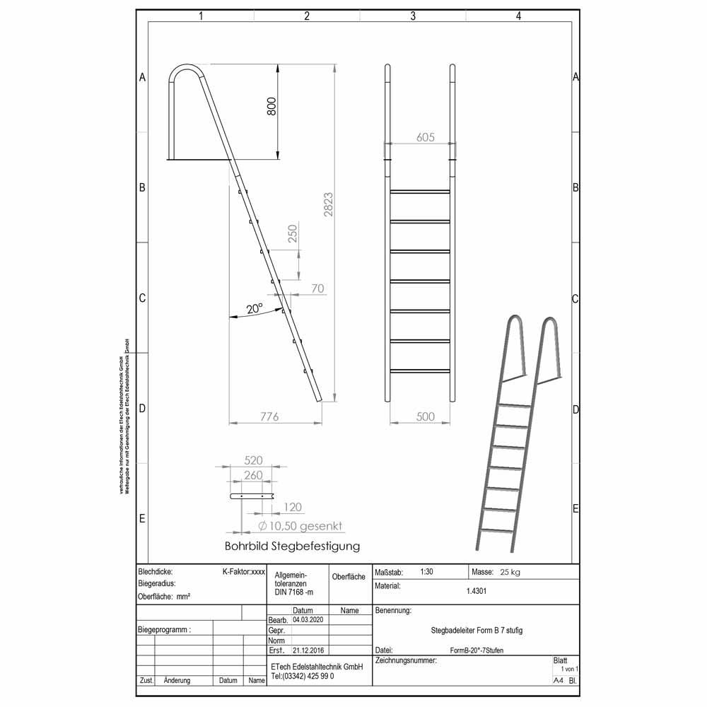 Datenblatt-Stegbadeleiter Form B, 7-stufig