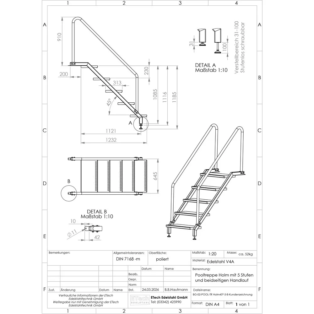Technische Zeichnung einer Pooltreppe aus Edelstahl V4A mit 5 Stufen und beidseitigem Handlauf mit Maßangaben