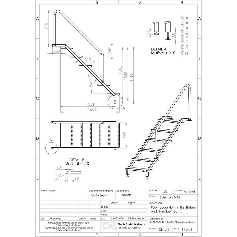 Technische Zeichnung einer Pooltreppe aus Edelstahl V4A mit 6 Stufen und rechtsseitigem Handlauf mit Maßangaben