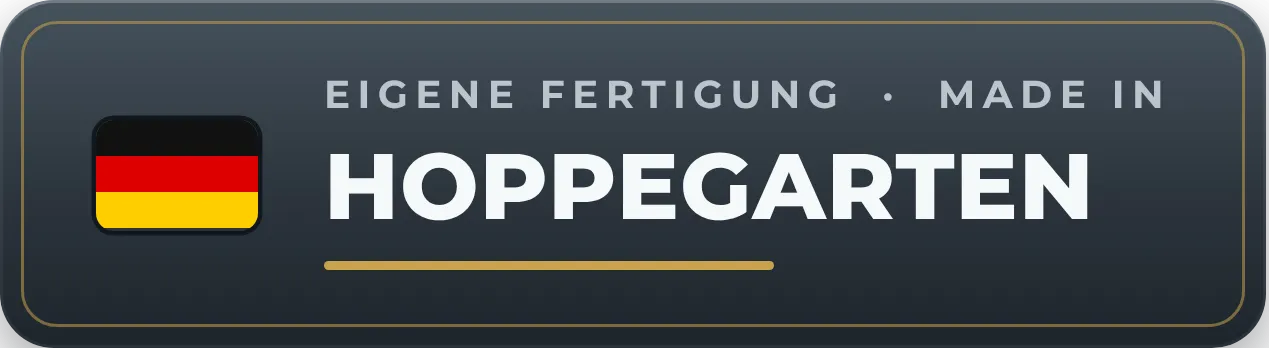 Qualitätssiegel „Eigene Fertigung – Made in Hoppegarten" von ETech Edelstahltechnik – Edelstahlprodukte aus eigener Fertigung in Deutschland