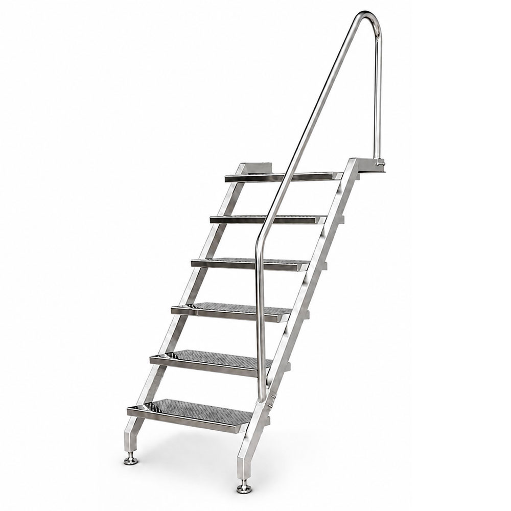Pooltreppe aus Edelstahl V4A mit 6 Stufen, rechtsseitigem Handlauf, für Schwimmbecken