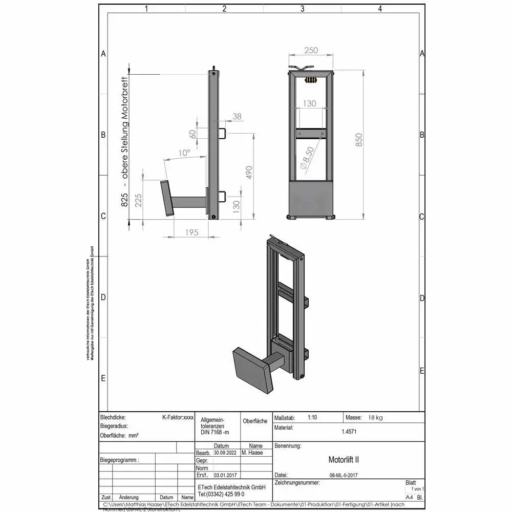 Motorlift für Boote- technische Daten